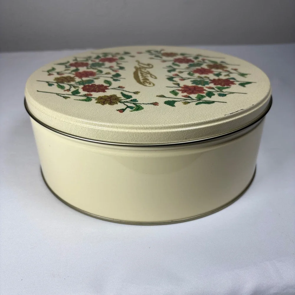 Vintage DeLuxe Round‎ Floral Cross Stitch Pattern Metal Cookie Tin Storage Box